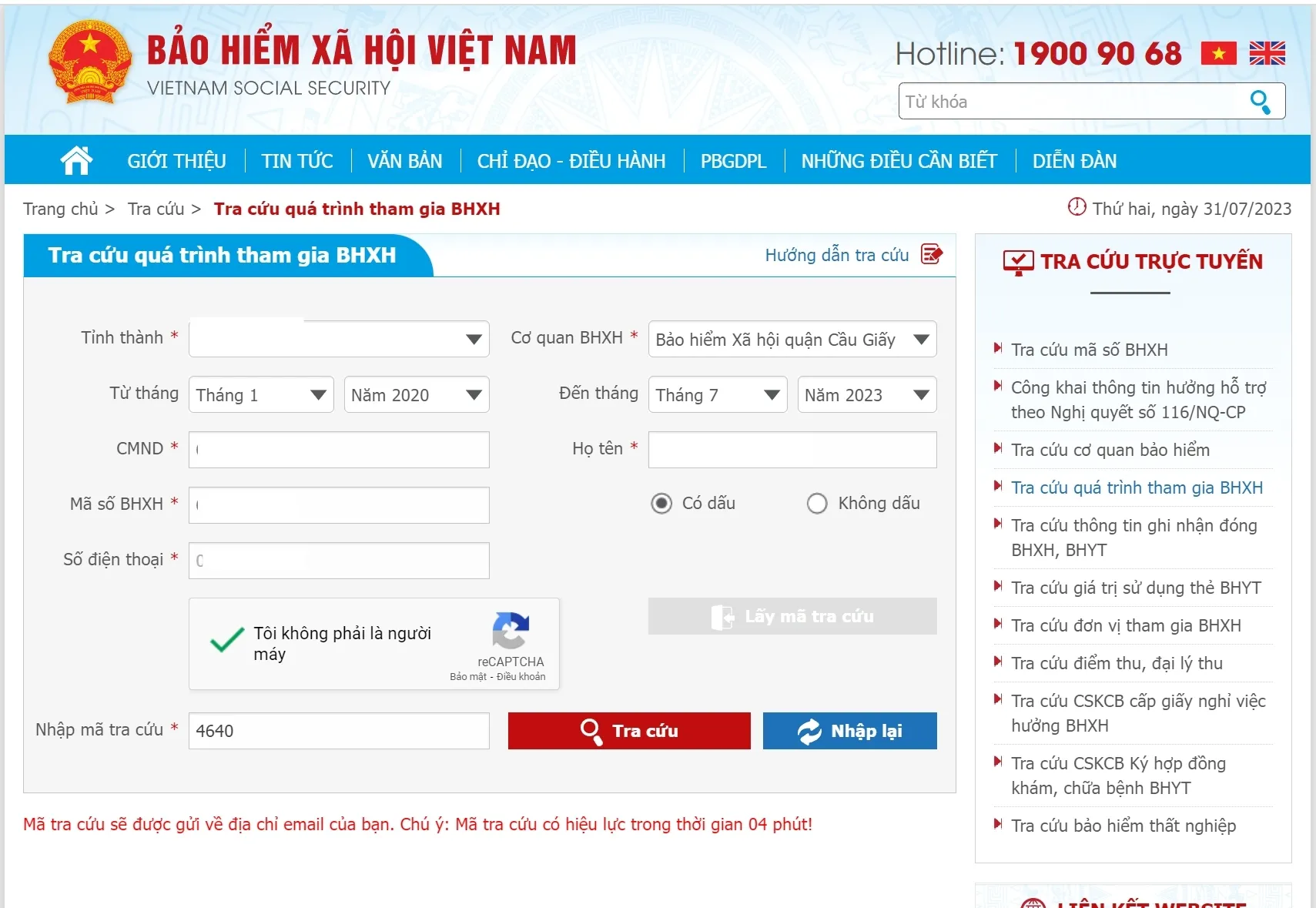 Tra cứu bảo hiểm xã hội qua web của BHXH Việt Nam 3